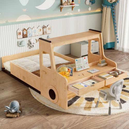 Bellemave Twin Size Car-Shaped Floor Bed with Storage Drawers & Desk White Fun Kids Bed with Window Sturdy Construction Easy Assembly for Young Children