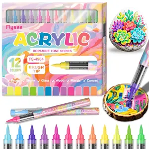 Flysea 12PCS Acrylic Paint Markers, Soft Brush Art Pens for Rock Ceramic Wood Glass Painting, Drawing & Coloring