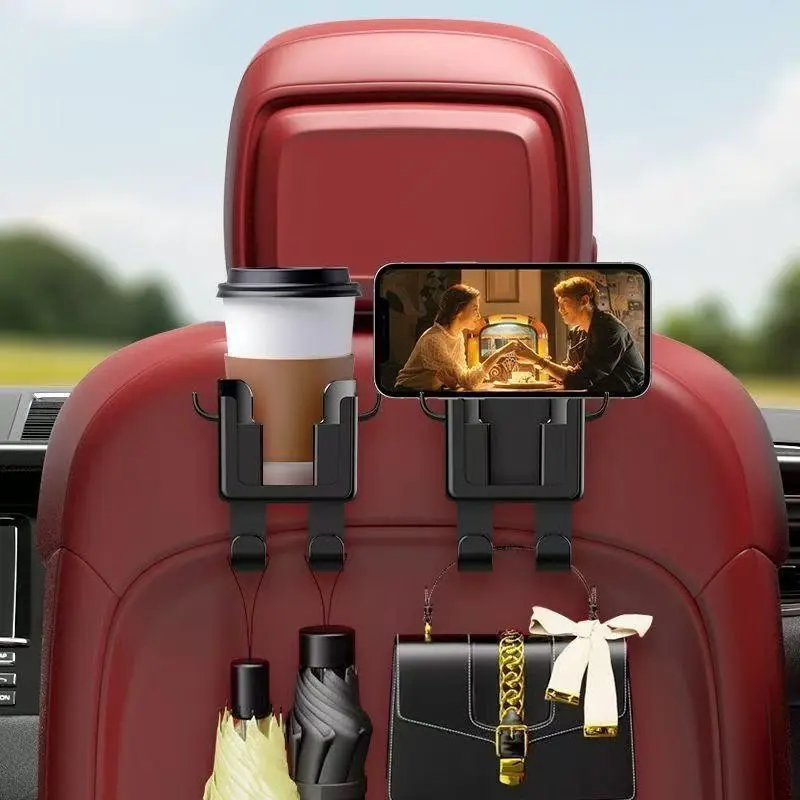 Multi-functional car seat back storage rack with cup holders, phone holder, and hooks – suitable for most vehicle models, can accommodate water bottles, tea bags, garbage bags, and glasses. Car storage, back seat cup holder, space-saving design.
