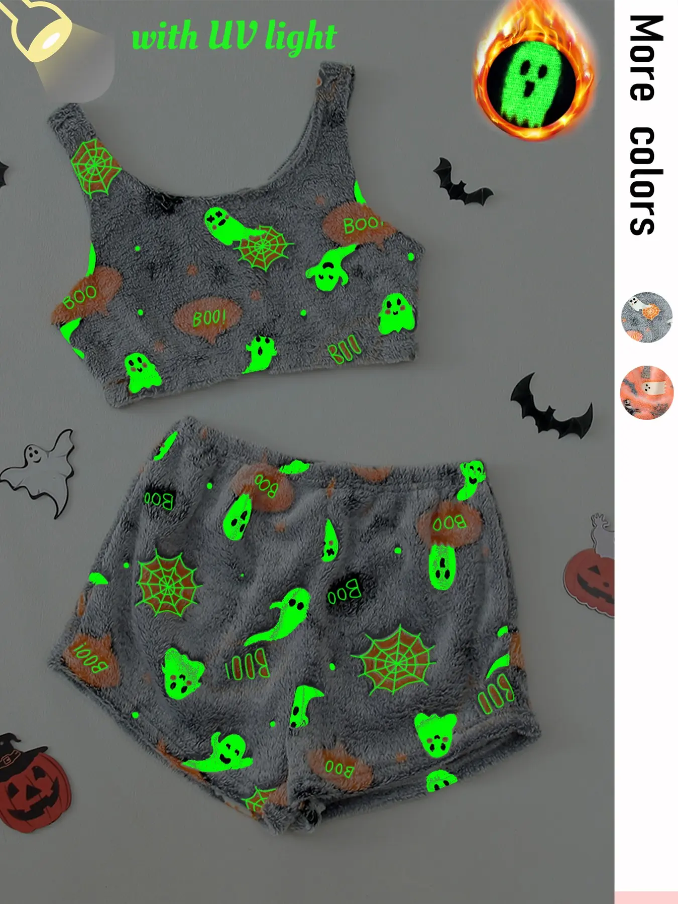 UV Light Emitting Halloween Pajama Set for Women, Glow-In-The-Dark Flannel Sleepwear, Casual Slim-Fit Nightshirt Ensemble