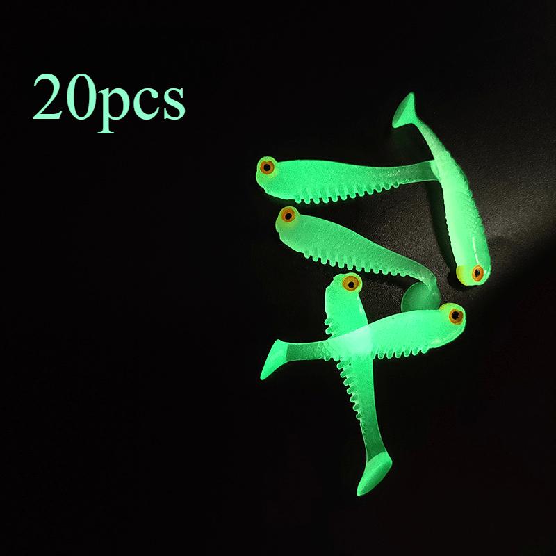 20-Pack Glow-in-the-Dark Soft Silicone Fishing Lures, 1.97-Inch Wobbling Swimbait - Lead-Free, Pouch Pack Set for Hunting and Fishing