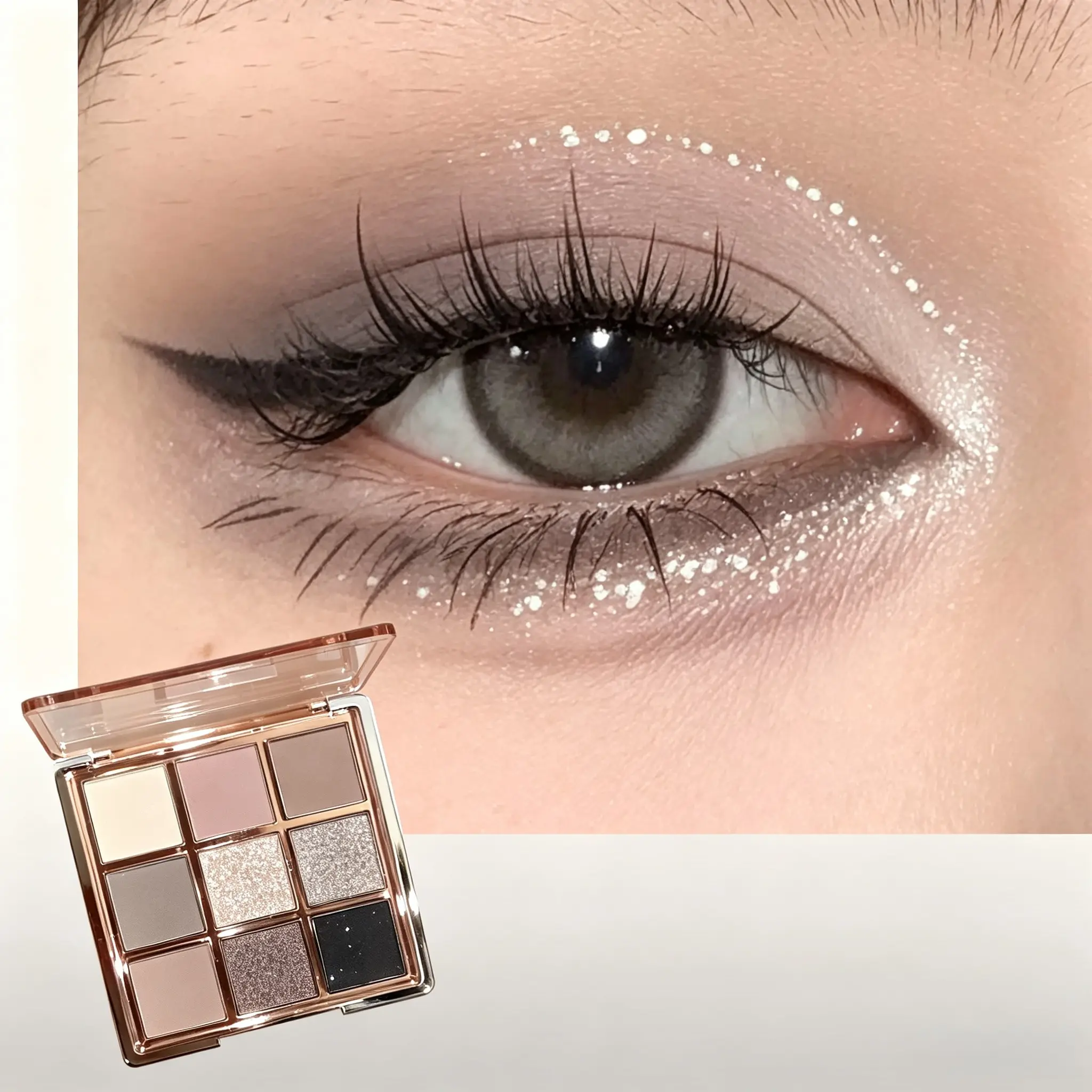 A 9-color eyeshadow palette, Shimmering eyeshadow palette in ash, brown tones, featuring both matte and shimmer finishes, versatile for highlighting and contouring, easy to blend and layer, long-lasting, works for all skin tones, Perfect gif