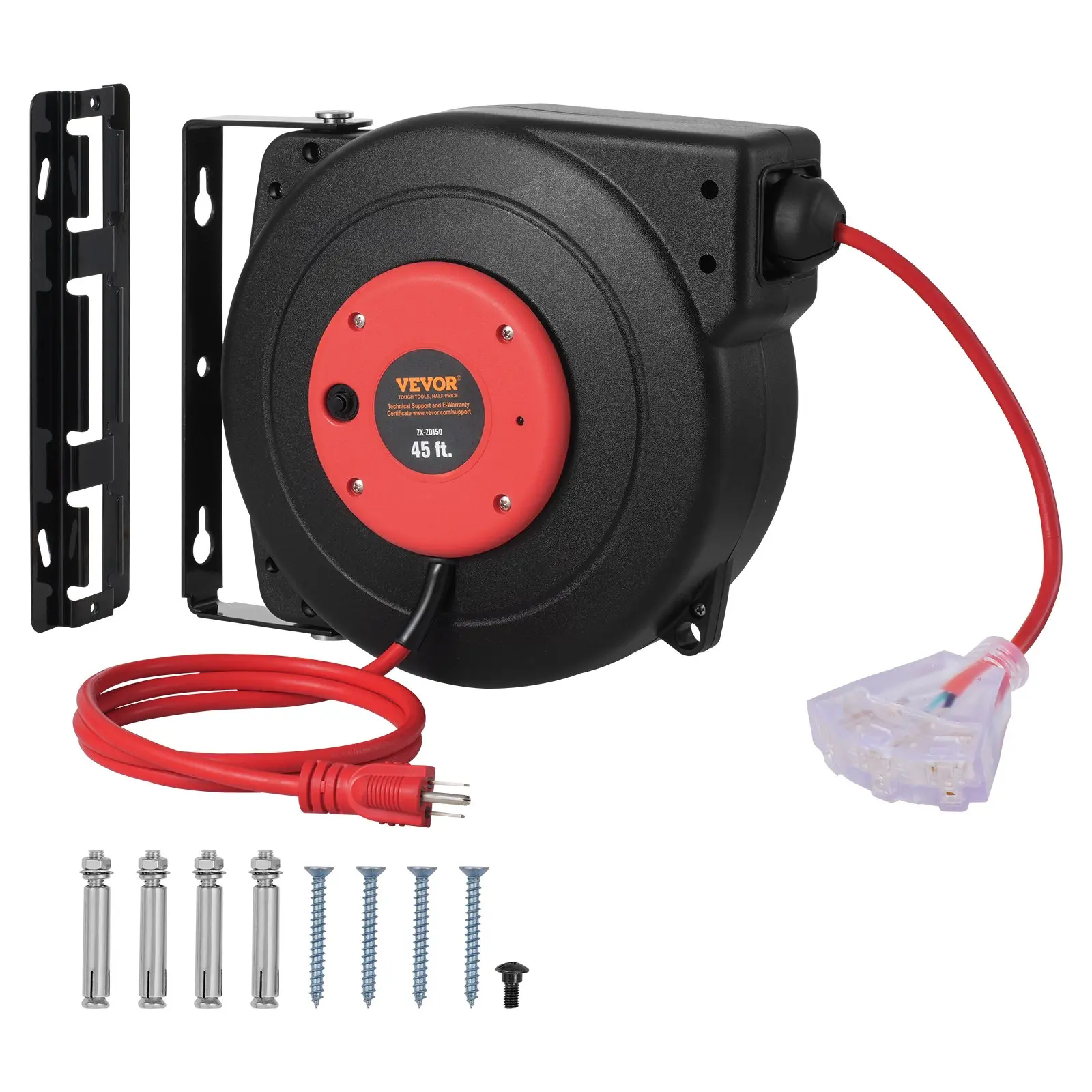 【Summerfinds】VEVOR Retractable Extension Cord Reel, 45 FT, Heavy Duty 12AWG/3C SJTOW Retractable Power Cord with Lighted Triple Tap Outlet, 15 Amp Circuit Breaker 180 Swivel Bracket for Ceiling or Wall Mount