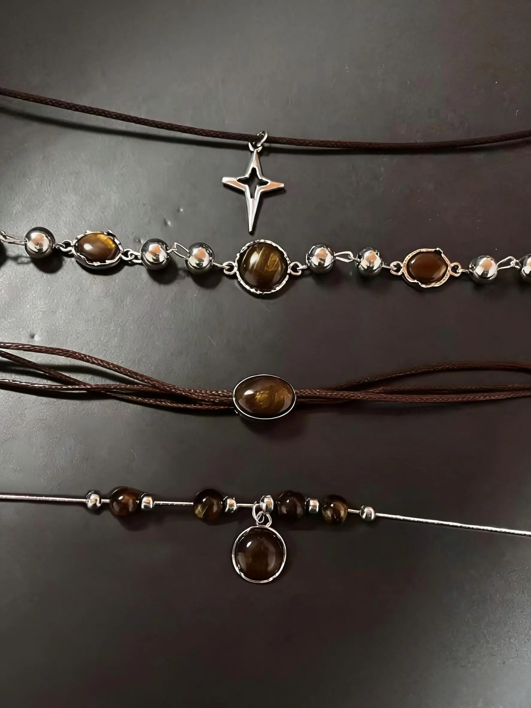 4-Piece Vintage Faux Leather Brown Stone Pendant Necklace Set, Fashion Accessory Necklace, Stackable Short Necklaces, Elegant Collarbone Chains, Women's All-Season Necklaces