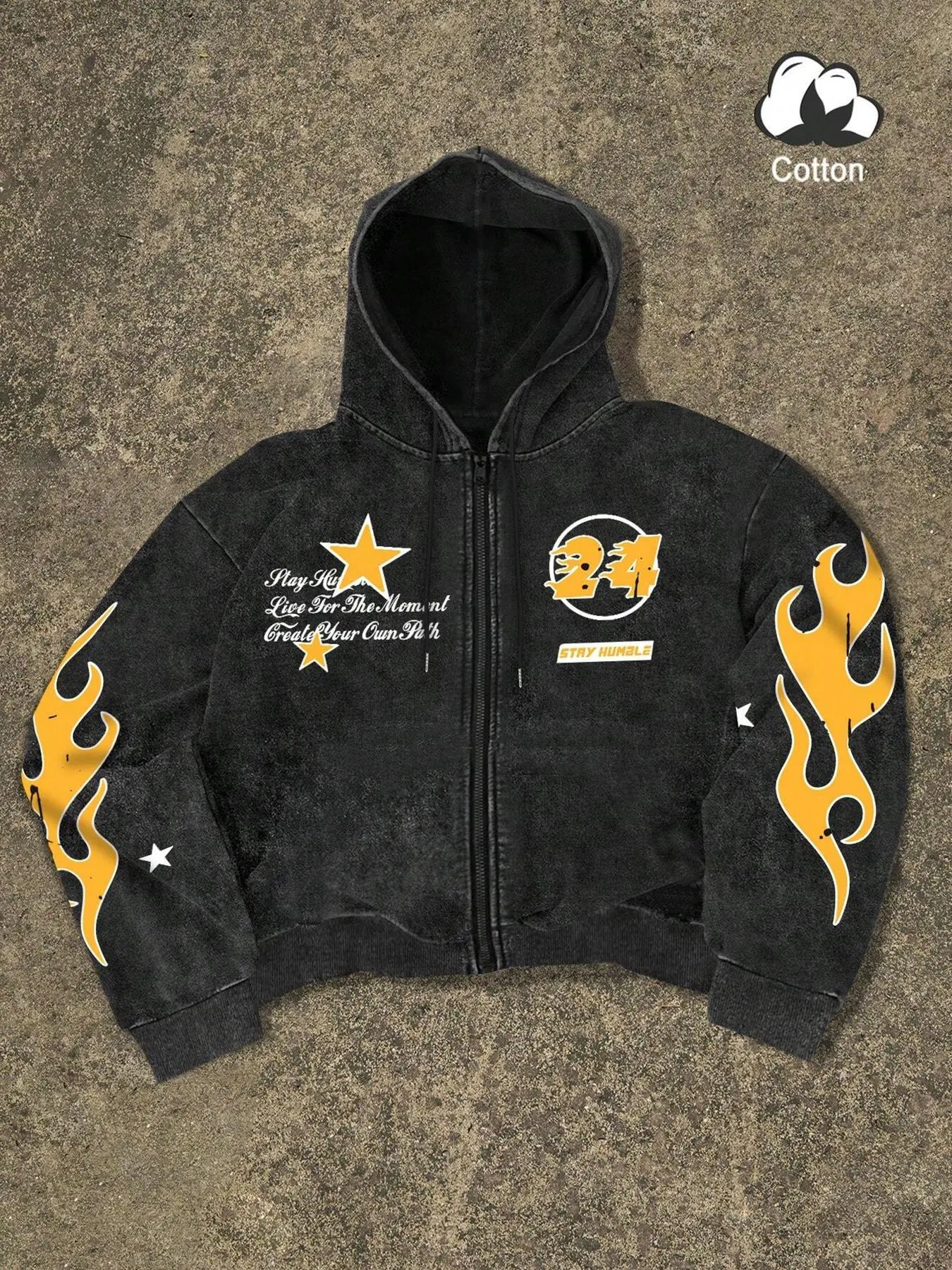 Men's Regular Fit Star & Fire Print Zip Up Hoodie, Hooded Top, Graphic Print, Casual Comfy Long Sleeve Hooded Outerwear for Spring & Fall, Men's Clothes for Daily Wear, Sweatshirts, Cotton, Casual Pullover Hoodies, Casual Fitted Hoodie, Clothing Hoodie