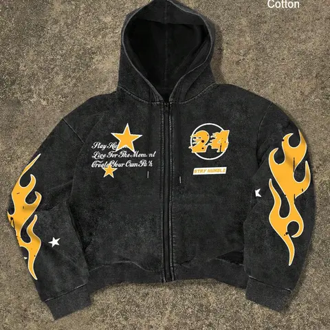 Men's Regular Fit Star & Fire Print Zip Up Hoodie, Hooded Top, Graphic Print, Casual Comfy Long Sleeve Hooded Outerwear for Spring & Fall, Men's Clothes for Daily Wear, Sweatshirts, Cotton, Casual Pullover Hoodies, Casual Fitted Hoodie, Clothing Hoodie