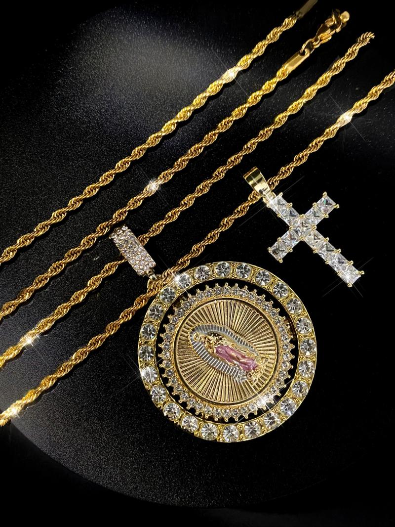 Virgin Mary Pendant Rope Chain & Cross Pendant Necklace, Rhinestone Decor Layered Necklace, Fashion Jewelry Accessories for Women & Men, Cross Necklaces