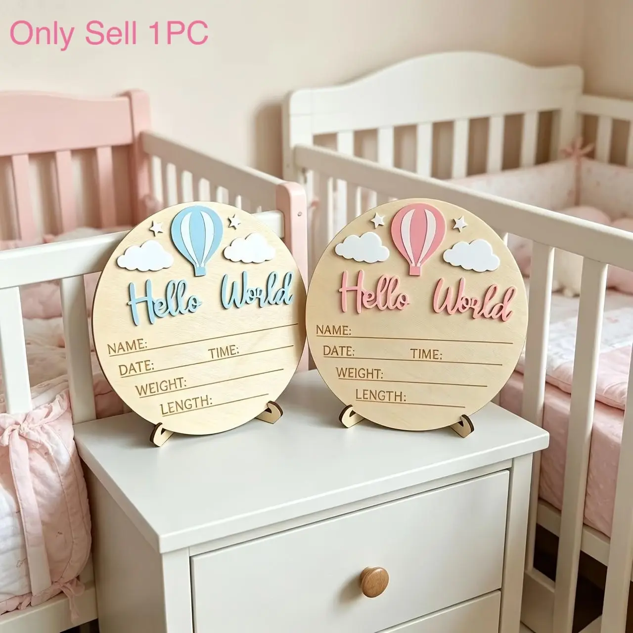 Wooden Hello World Baby Birth Announcement Plaque with Stand, Round Newborn Hospital Photo Prop Board, Customizable Memorial Gift, Nursery Sign