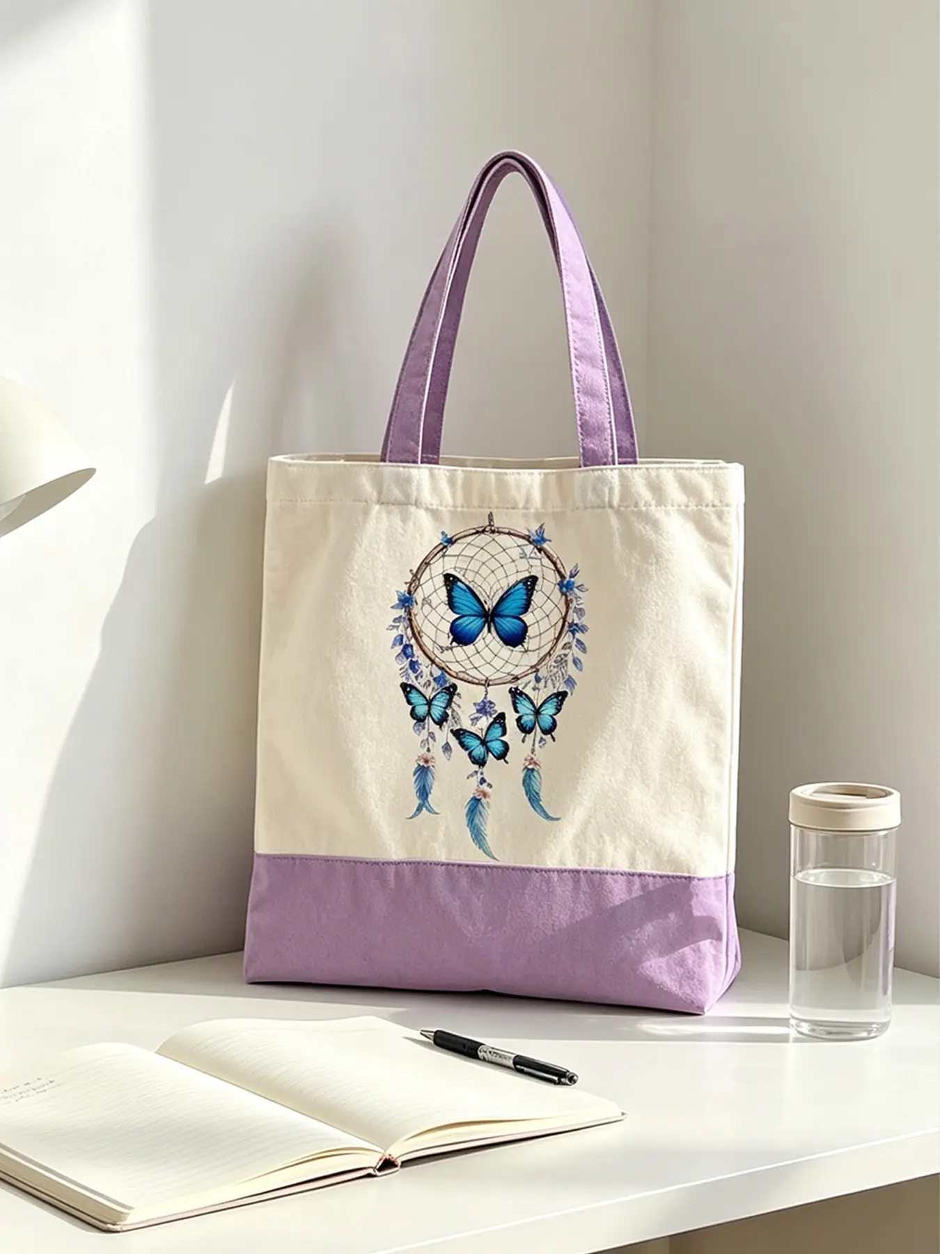 Colorblock Butterfly Pattern Canvas Tote Bag, Crossbody Shoulder Bag, Large Capacity, Eco-Friendly, Japanese Style, All Seasons, Color Blocked Bag
