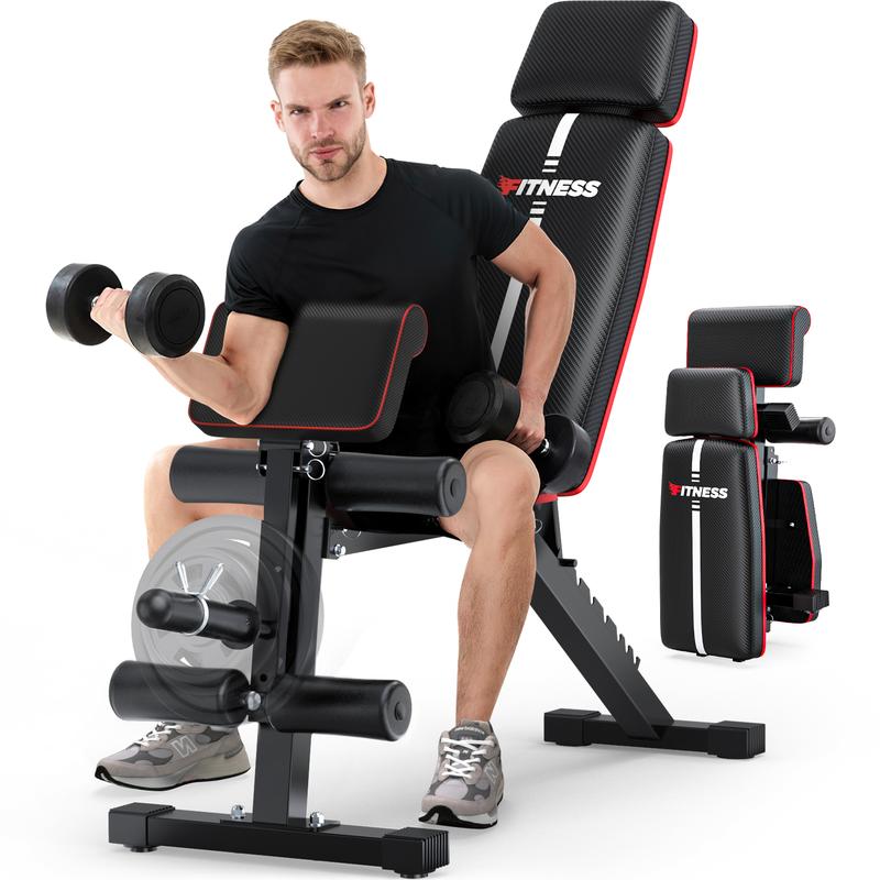 Foldable Weight Bench, 880lbs Weight Capacity , Weight Plate Not Included, Workout Bench Press for Home Gym, Banco Para Hacer Ejercicio Incline Decline Sit up Workout Equipment, Leg Extension and Preacher Pad for Full Body Strength Training