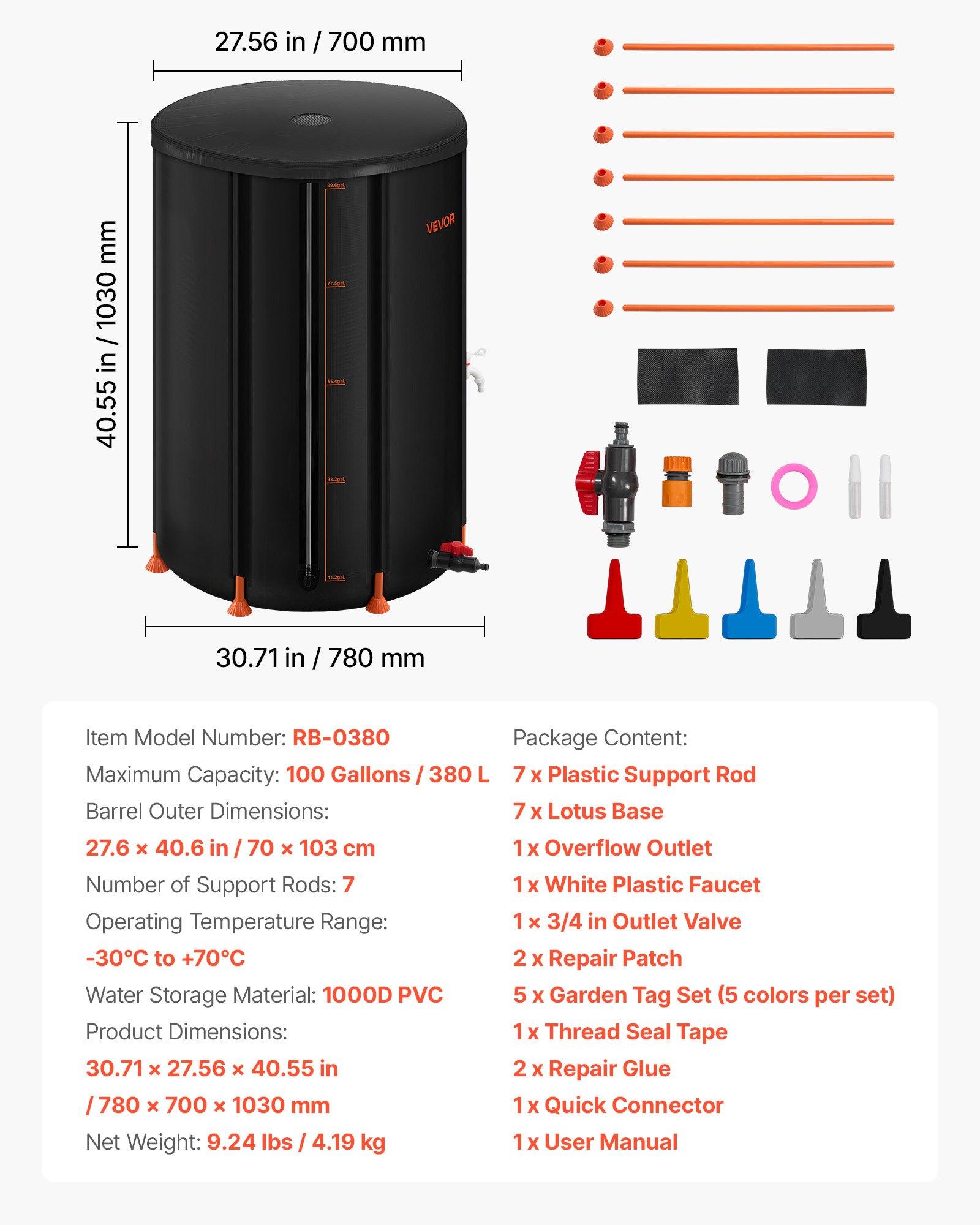 VEVOR Collapsible Rain Barrel, 100 Gallon Portable Rain Water Collection Barrel, 1000D PVC Rainwater Collection System, Garden Water Catcher Tank Storage Container with Spigot & Overflow Kit, Black