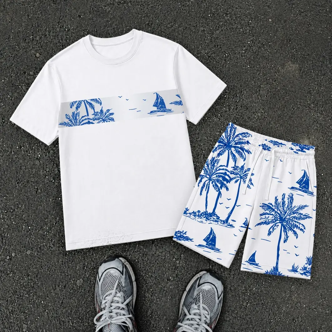 Men’s Summer Palm Trees Graphic T Shirt and Shorts Set, Italy Inspired 2 Piece Matching Outfit with Short Sleeve Tee and Elastic Waist Drawstring Shorts, Soft Breathable Summer Set for Holiday, Street Style, Travel, and Everyday Wear