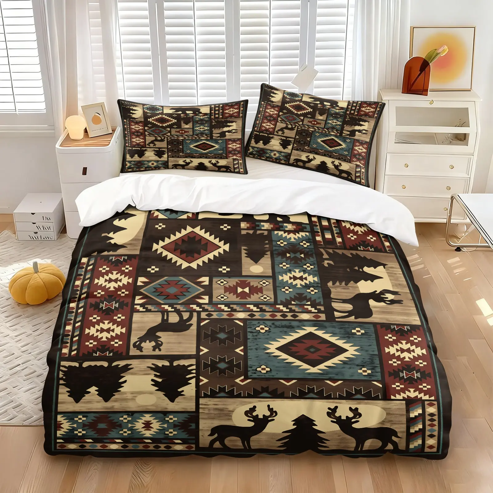 Southwest Aztec Deer Duvet Cover Set Queen Size Woodland Hunting Wildlife Bedding Set for Boys Girls Western Southwestern Aztec Patchwork Comforter Cover 3Pcs with 1/2 Pillowcases, Gift for Western Cabin Lovers