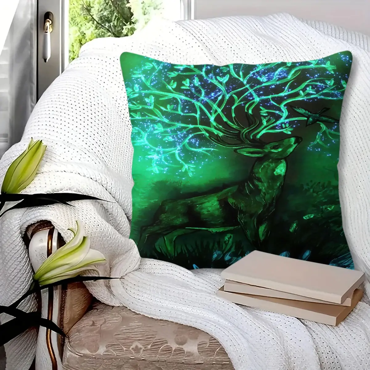 45x45cm 1Pc Glowing Forest Elk Tree Print Throw Pillow, soft fluffy durable Creative Decorative Cushion, perfect for sofa, bed, living room and bedroom decor, great as lovely small holiday gift to bring warm cozy atmosphere to your home