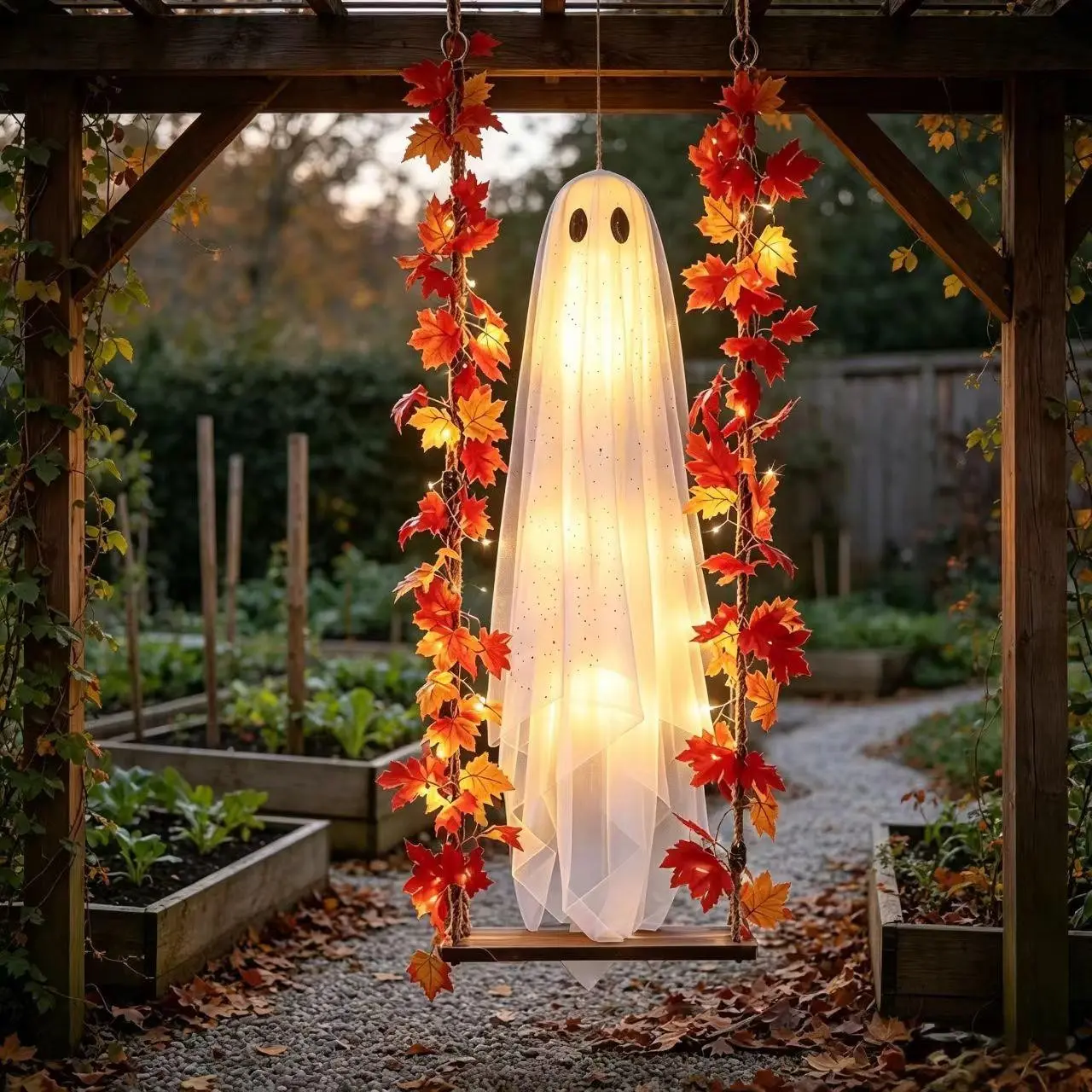 Halloween Remote Control LED Light Maple Leaf Net Ghost Swing Hanging Decor, Indoor Outdoor Activity Atmosphere Decoration Props