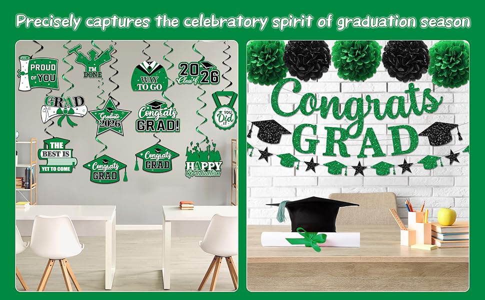 Green Graduation Decorations 2026, Graduation Decorations Class Of 2026 Green and Black Graduation Banner Graduation Congrats Grad Hanging Swirls for College Grad Party