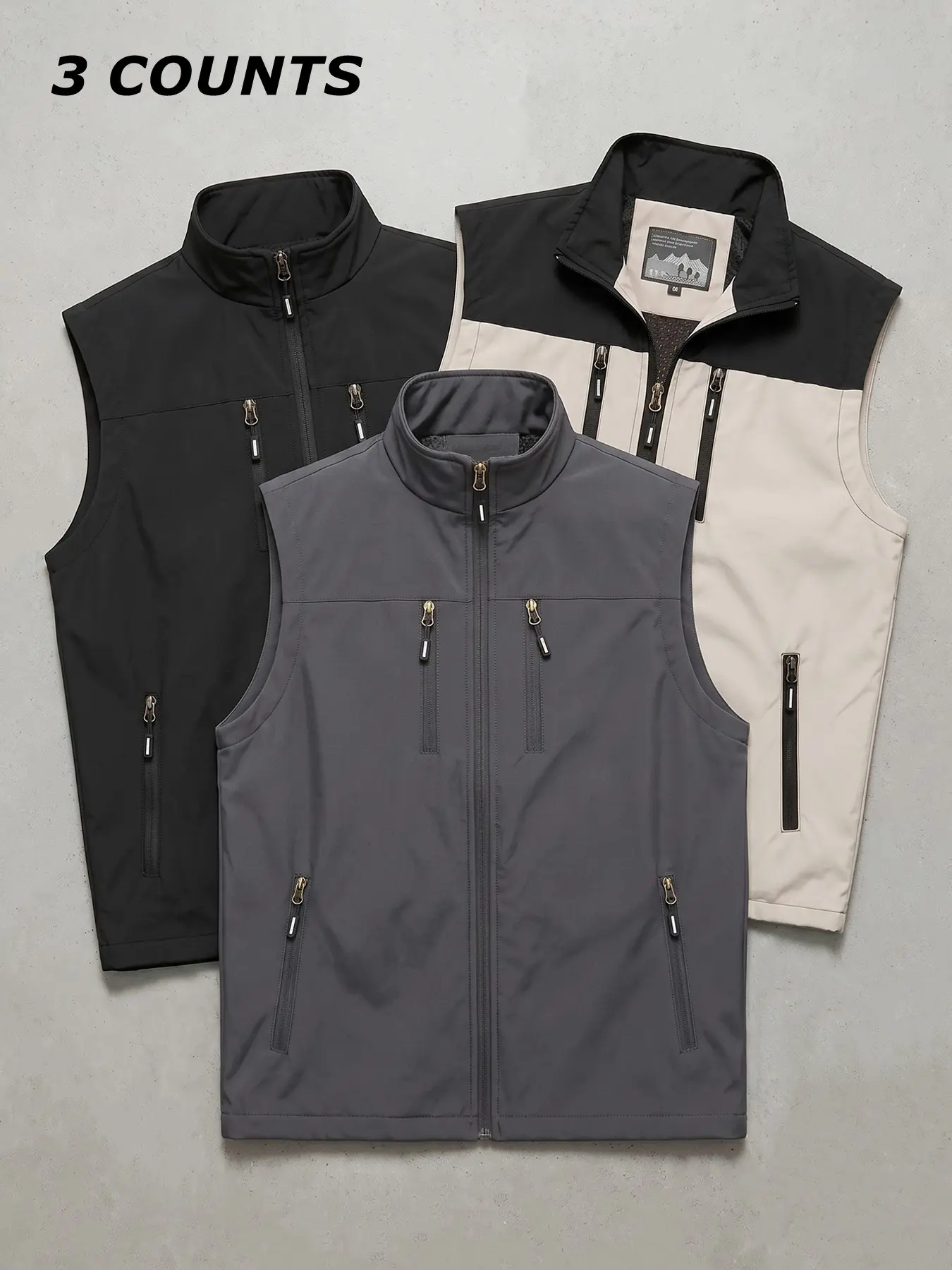 3-Piece Set Men's Colorblock Outdoor Vest with Multi Zipper Pockets, Windproof Stand Collar Sleeveless Jacket, Lightweight Softshell Zip Up Waistcoat Coat Outerwear, Fall Winter Utility Safari Travel Fishing Hiking Golf Vest