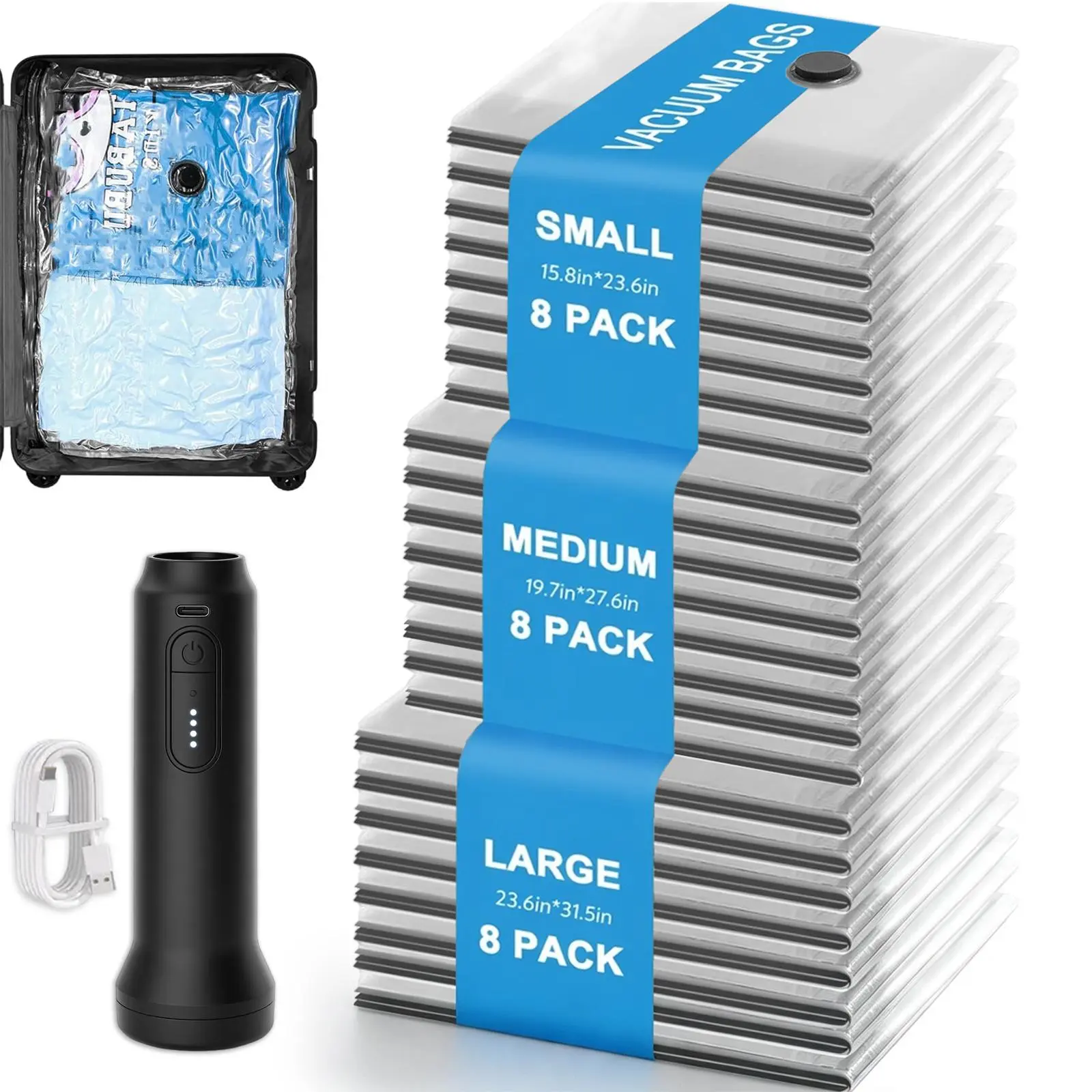 Cordless Travel Vacuum Compression Bag Set for Carry-On Suitcases (Electric Pump)Compressible Travel Bags, Vacuum Packing Kits, Luggage Packing Organiser