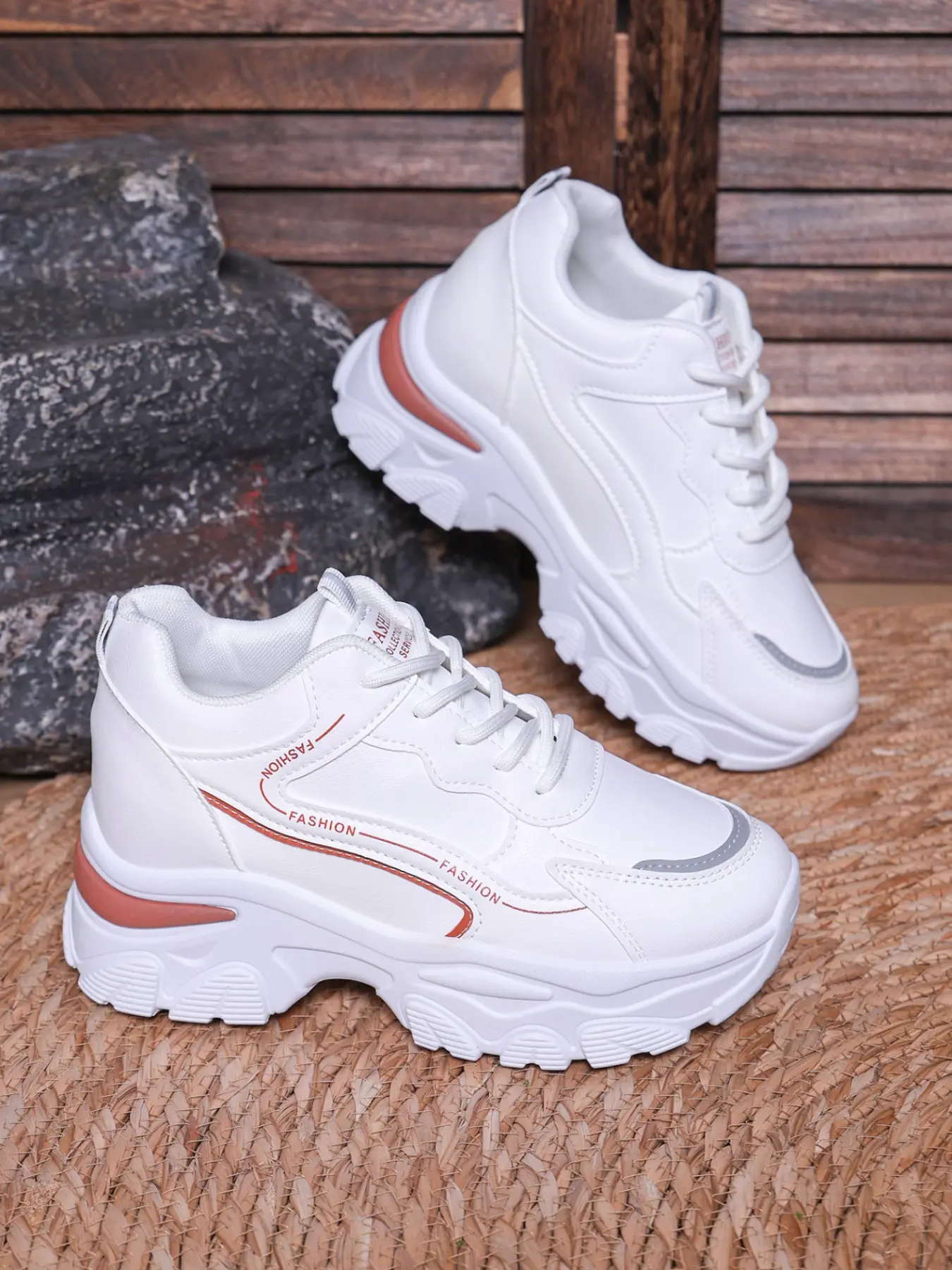 Women's PU Strap Invisible Inner Heel Thick Sole Dad Shoes, Full Palm High Elastic Soft Pad Anti-Slip, Waterproof Lightweight Casual Sneakers
