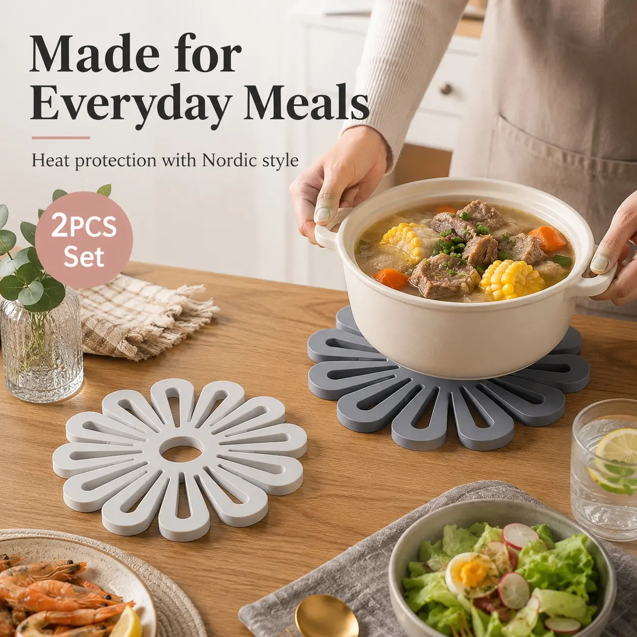 2PCS Silicone Trivet Mat Flower Design Nordic Style Heat Resistant Hot Pot Holder Pads for Pots Pans, Thickened Non Slip Kitchen Table Protector Countertop Heat Insulation Mat, Reusable Easy Clean Dishware Stand Coaster