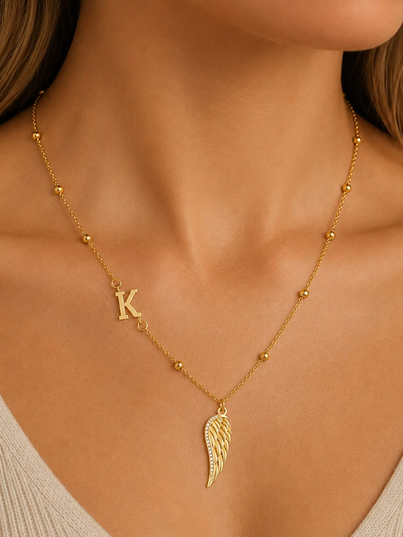 Women's Fashion Casual Necklace, Zircon Wing & Initial Pendant, Stainless Steel Bead Chain, All Seasons Jewelry