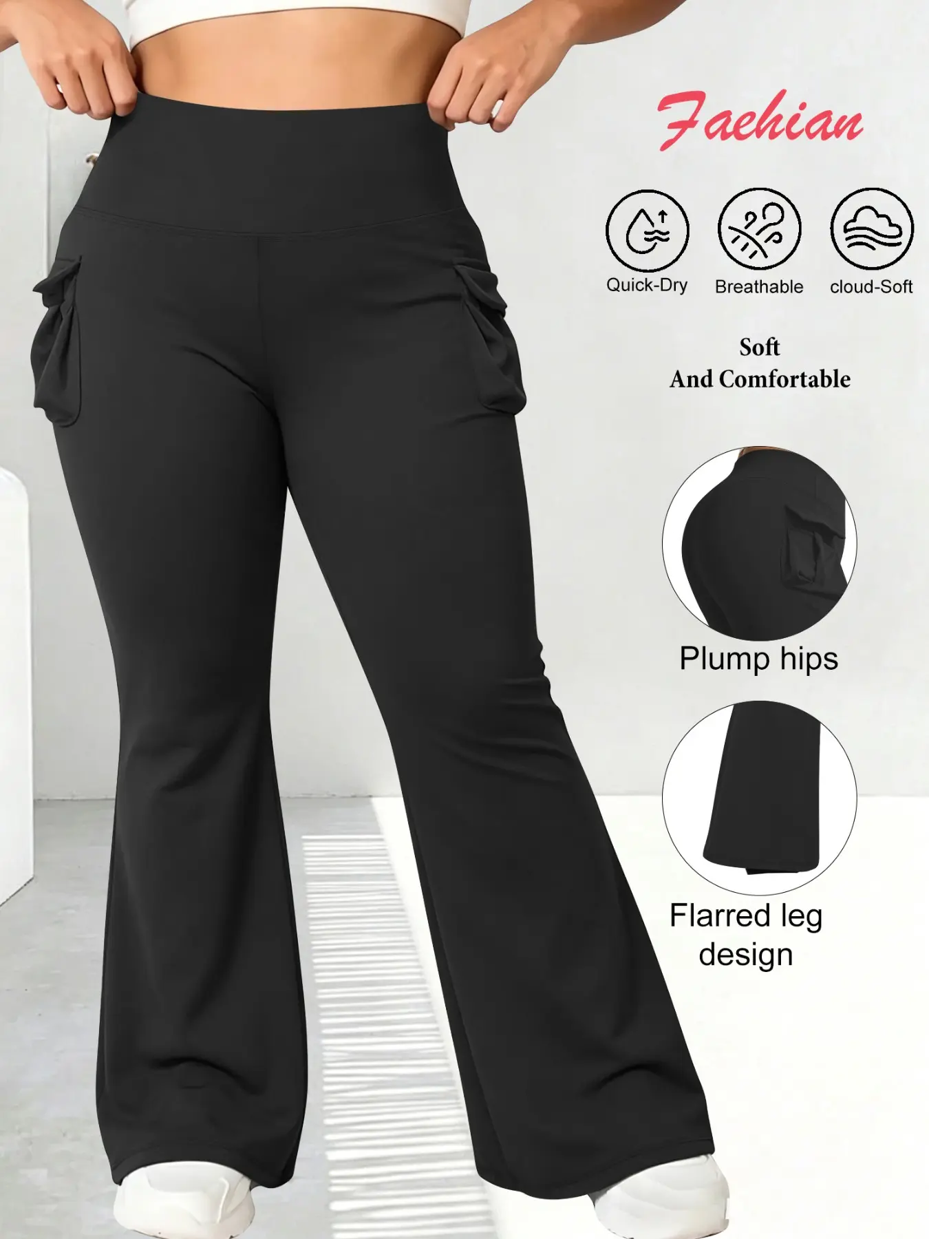 Plus Size Women's Solid Color Stretchy Casual Long Pants with Work Pockets, High Waist Flared Trousers, Comfortable Stretch Fabric, All Season Wear Bottoms, Casual Chic Trousers