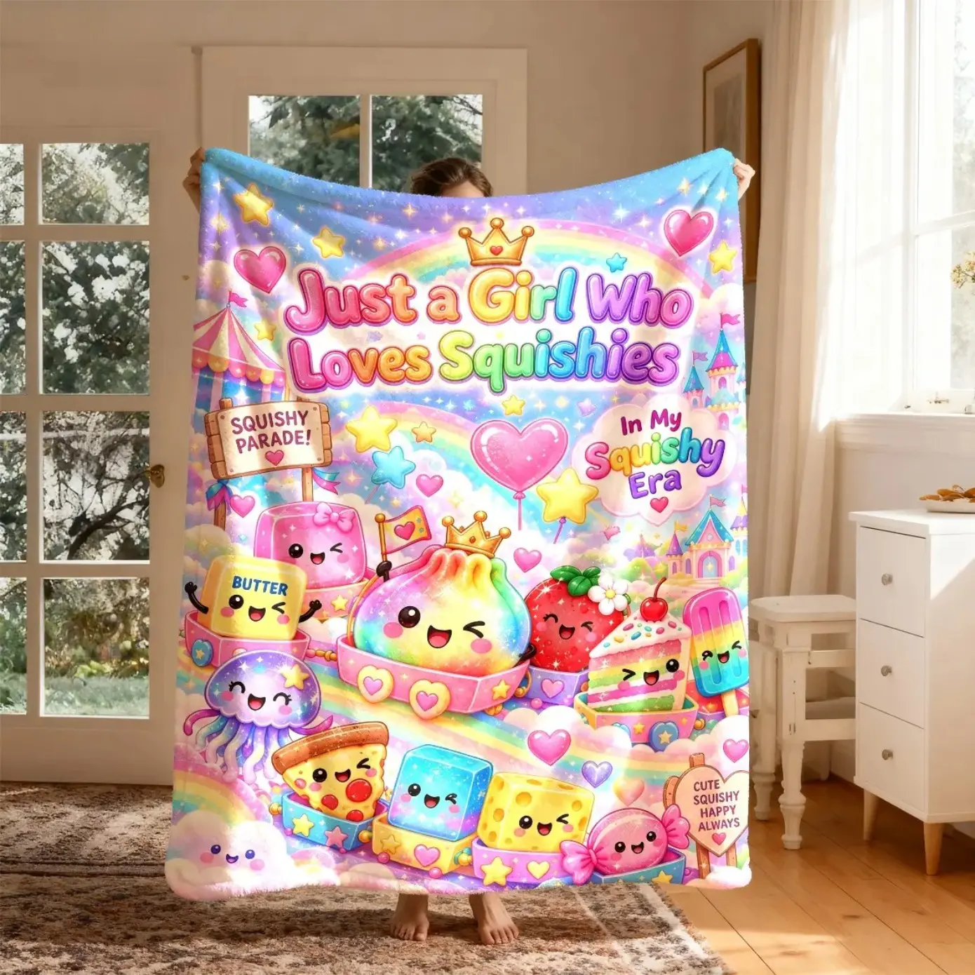 Cute Rainbow Just A Girl Who Loves Squishies Flannel Blanket, Soft, Lightweight, Warm, Perfect for All Seasons, Ideal for Bed, Sofa, Office, Camping, Travel, Birthday Holiday Gift for Girls Teens Kids Home Decor Throw Blanket