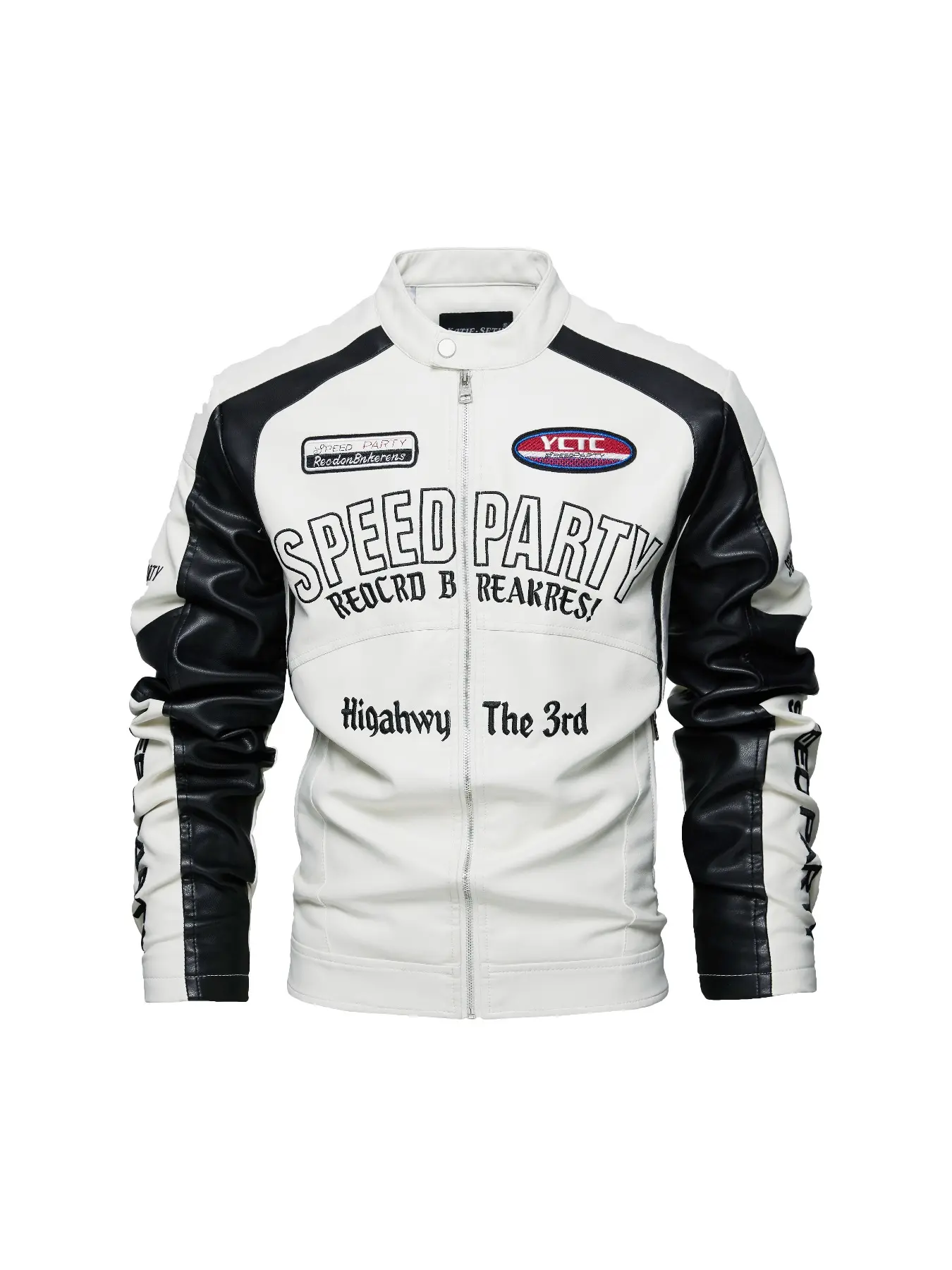 1PC Men's Fashion PU Jacket with Standing Collar and Long Sleeves, featuring motorcycle racing pattern for breathability, side pockets, and letter pattern for a slim fit in spring and autumn.
