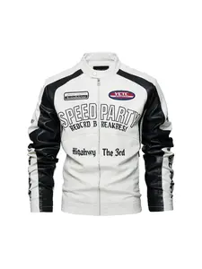 1PC Men's Fashion PU Jacket with Standing Collar and Long Sleeves, featuring motorcycle racing pattern for breathability, side pockets, and letter pattern for a slim fit in spring and autumn.