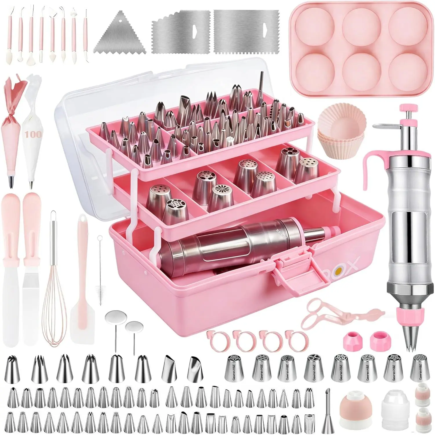 209 PCS Baking Supplies Cake Decorating Kit with Dessert Decorating Syringe Set, Storage Case, Piping Bags and Tips Set, Frosting Fondant Bakery Set for Beginners and Cake Lovers (Pink)