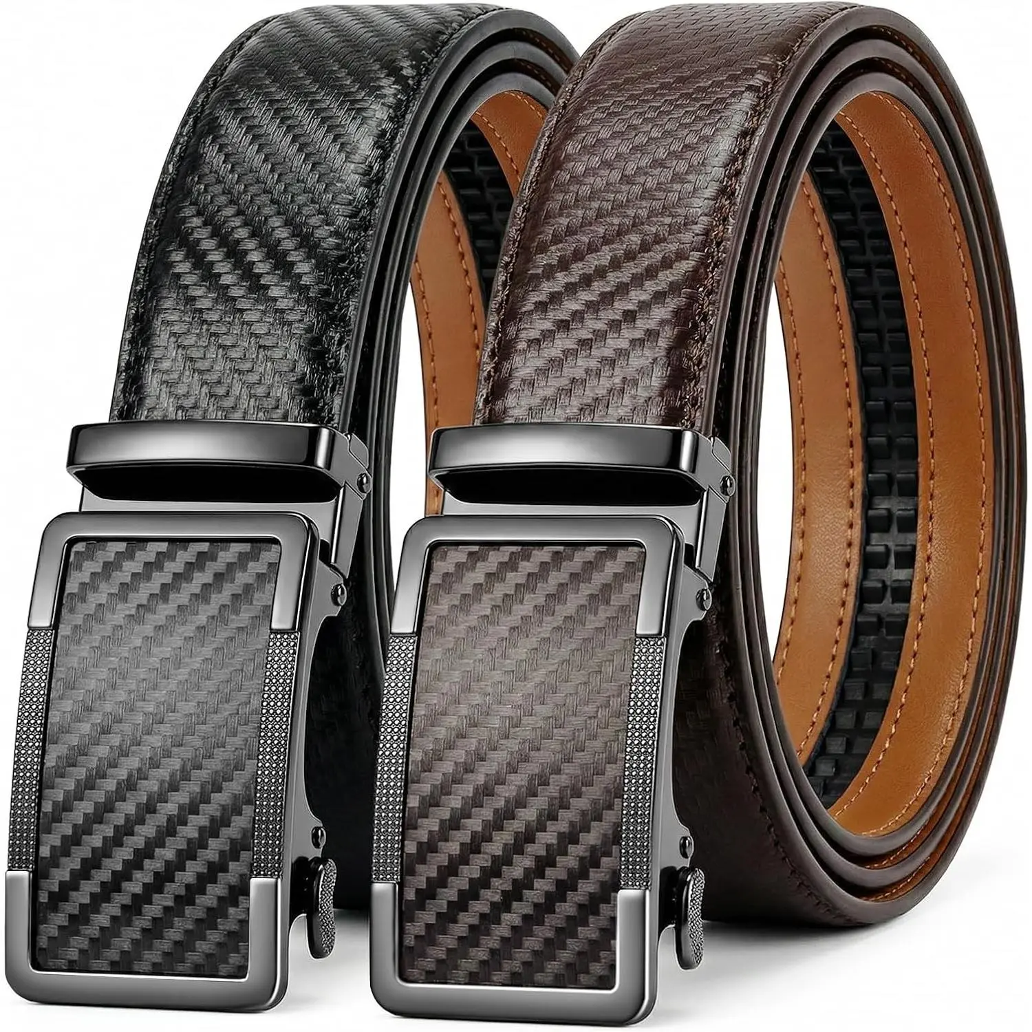 Men's Leather Ratchet Belts 2 Pack - Adjustable Holeless Belt Set, Trim to Fit, Easy Slide, 1 3/8" Width, Gift Boxed for Dress & CasualGift