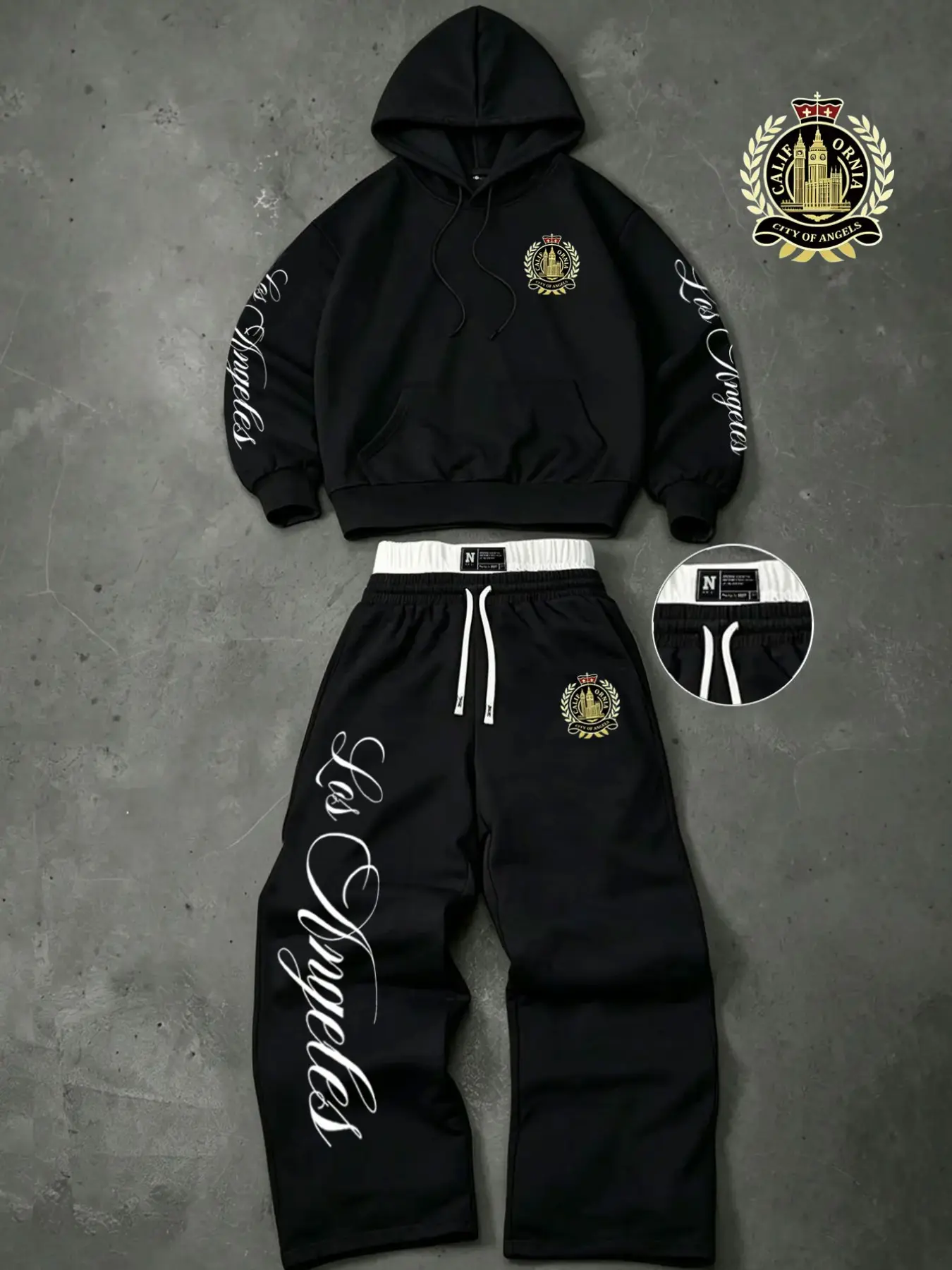 This men's two-piece hoodie and wide-leg sweatpants set, inspired by Los Angeles—the City of Angels—is a streetwear-inspired tracksuit. The soft fleece fabric provides all-day comfort. Perfect for street style, everyday wear, and casual outings.