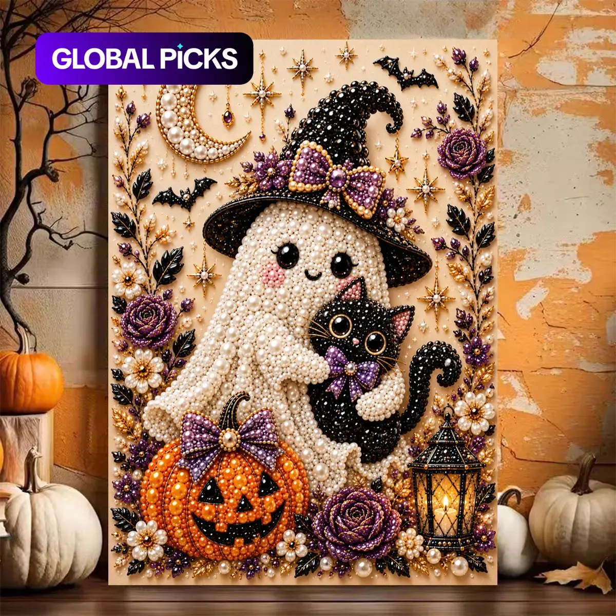 Halloween Ghost Pearl Art DIY Kit, Cute Lantern Ghost, 5D Diamond Painting Craft, Adult DIY Fall Home Decor Wall Art, wall decoration, Frameless
