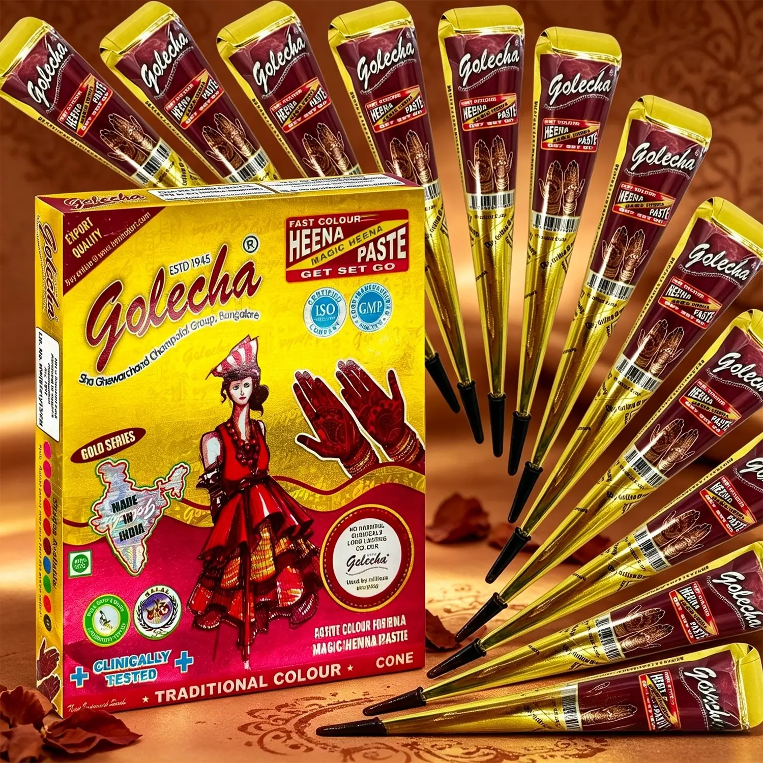 12 brown herbal henna cones perfect for beach trips, plant-based water-resistant mehndi for ocean side shooting. Natural photogenic brown shade, template-free easy drawing for travel check-ins and home body art.
