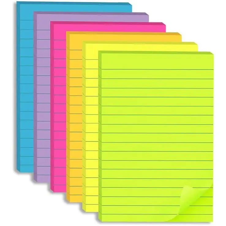 (6 Pack) Lined Sticky Notes 4x6 in,Large Notepads with Lines,Ruled Stickies Super Sticking Power,Office School Memo Note Pads Bright Colors,  Windows Doors,Recyclable,Easy to Write