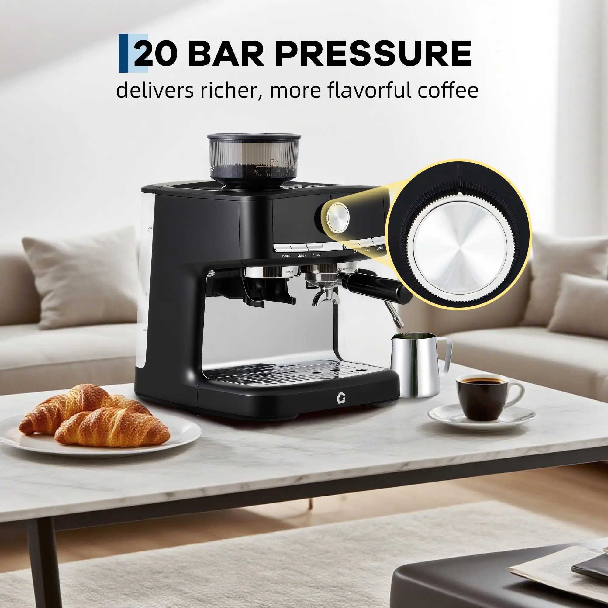 Garvee Semi-Automatic Coffee Machine with Integrated Boiler, Second Generation Grinder, Direct Powder Channel, Metal Die-Cast High Temperature Brewing Head