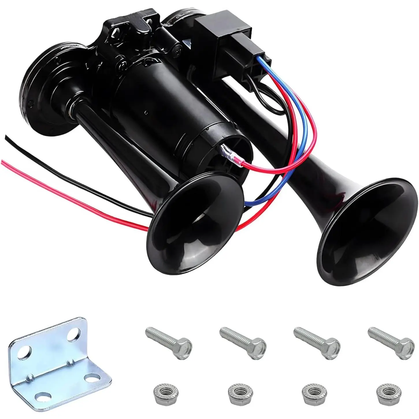 12V Car Air Horn, 120DB Dual Trumpets Super Loud Train Electric Horns with Compressor, Air Horns Speaker Kit Compatible with Cars SUVs Trucks Boats, Car Accessories (Black)