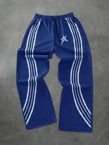 Men's Casual Drawstring Long Pants, Blue Wide Leg Sports Pants, Street Style Star Print Striped Long Pants, All Seasons Fitted, Drawstring Sweatpants