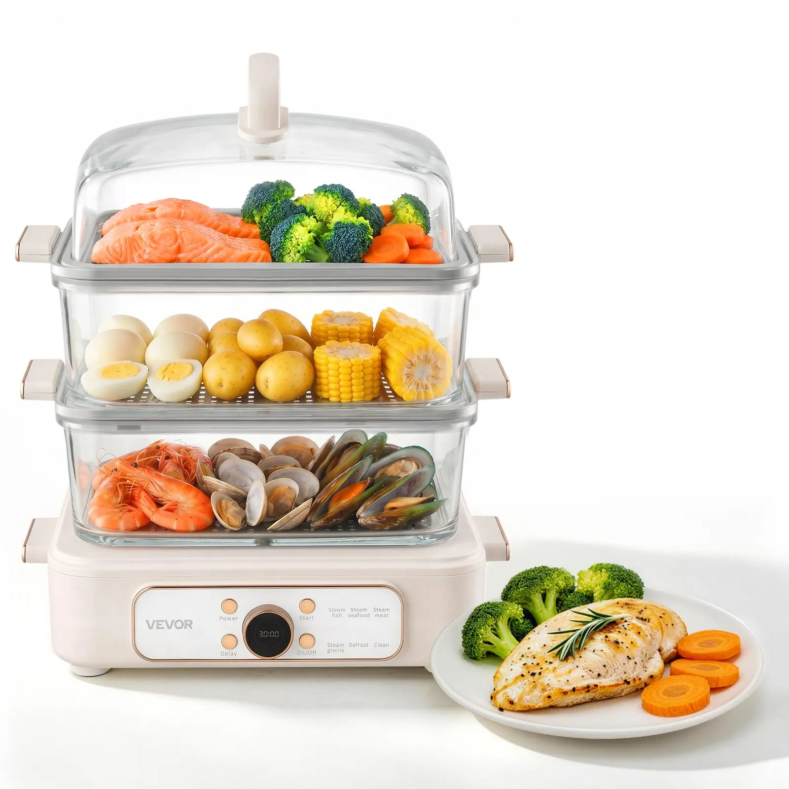VEVOR Electric Food Steamer 10.6 QT Glass with 3-Tier Stainless Steel Trays, 1200W Vegetable Steamer for Cooking, 2-4 Servings, Pre-Programmed Settings, Delay Start, for Veggies, Seafood Rice, White