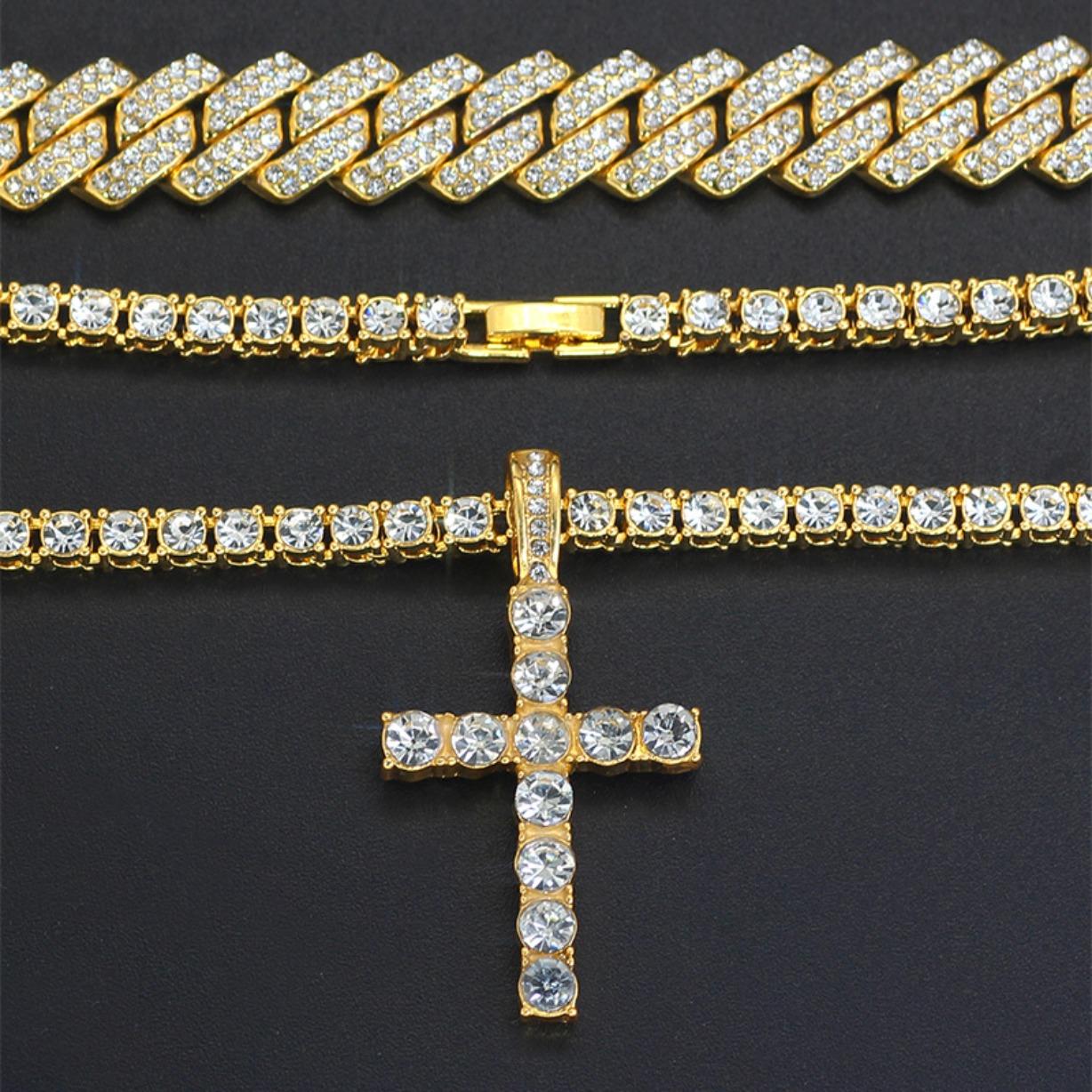 Luxury 2PCS 14mm Iced Out Cuban Chain Necklace & Cross Tennis Chain Moissanite with Certificate Hip Hop Double Row Layered Jewelry Couple Gift for Men Women