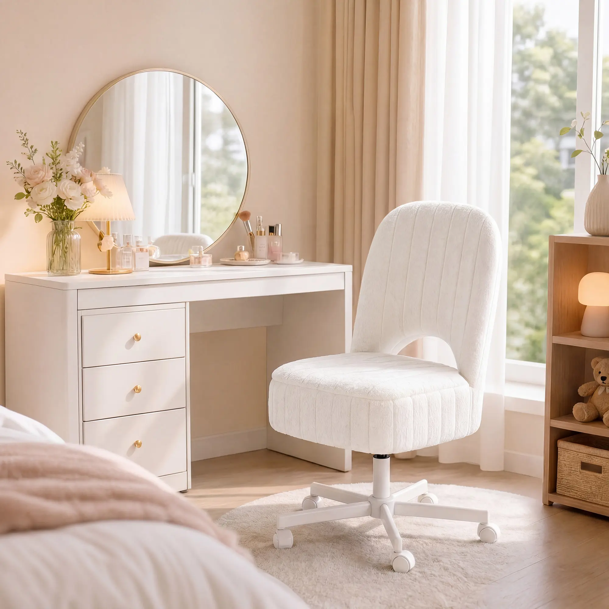 Spacious Storage Vanity Stool - White Padded Ottoman with Adjustable Height, 360° Swivel, Folding Backrest, Silent Wheels, Soft Faux Rabbit Fur for Makeup, Bedroom, Office