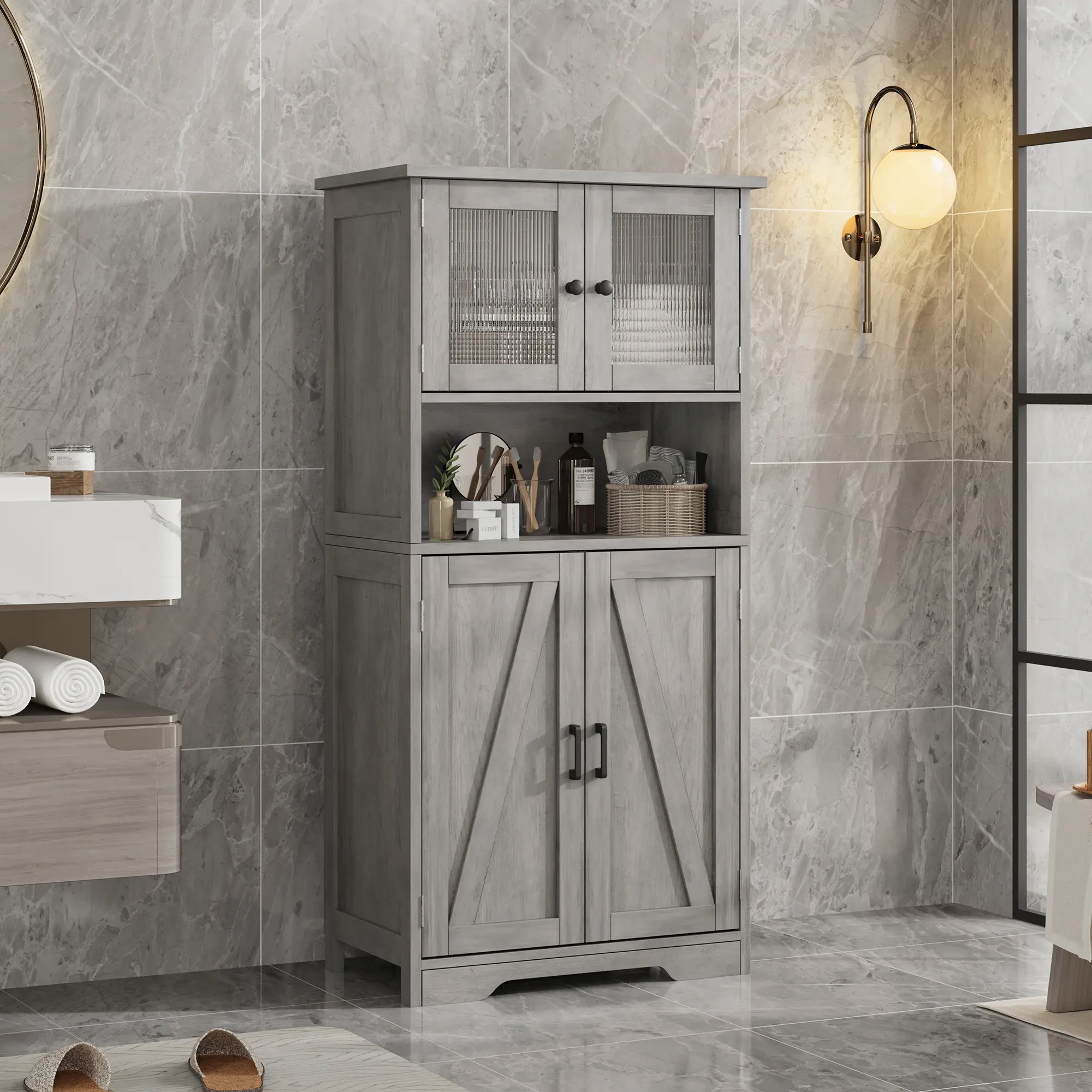 Frosted Glass Door Freestanding Pantry Cabinet - Sturdy Wood Interior, Adjustable Shelves, Waterproof Kitchen/Bathroom Storage Furniture (60x30x128cm Grey Floor Cupboard), Furniture For Kitchen, Interior Storage Furniture