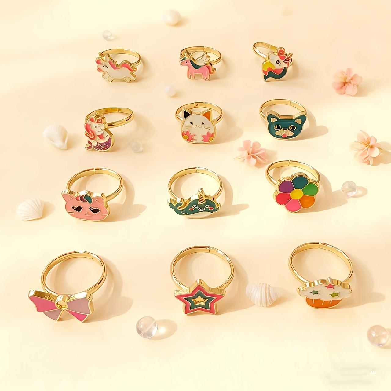 12Pcs Kids Girls Alloy Drip Oil Animal Style Adjustable Rings Set Party Favors Jewelry