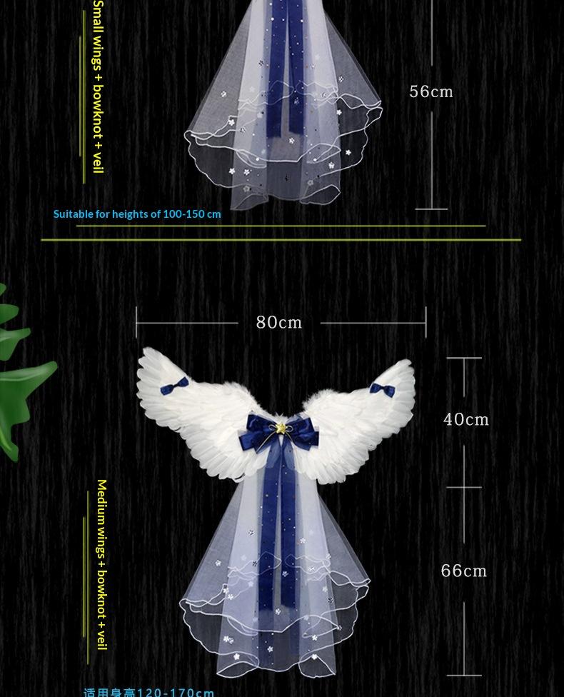 Angel Feather Wings Props for Christmas & Halloween Performance Costume Stage Princess Back Decoration White & Blue Bow