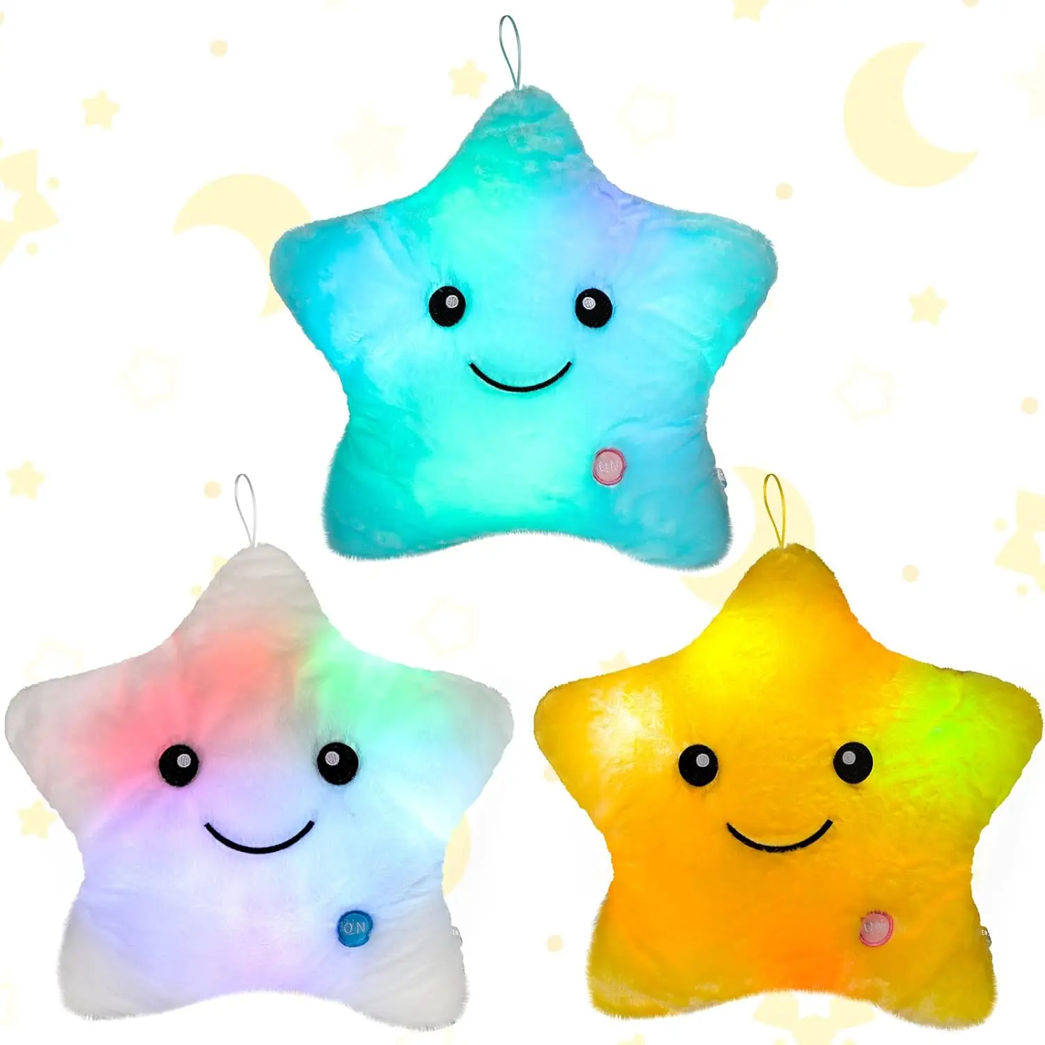 3 Pack 15.75 Inch Lighted Star Plush Pillows, Decorative Throw Star Shaped Stuffed Cushion, Blue White Yellow, for Birthday Gifts Bedroom Home Office Decor