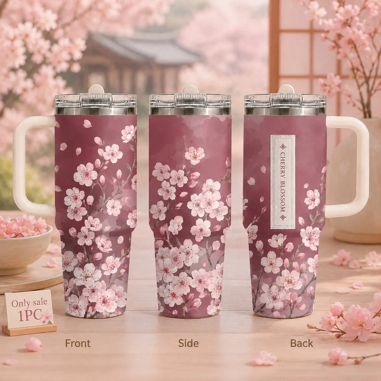 Vintage pink cherry blossoms peonies Vacuum Flasks 40oz 3rd Gen Vacuum Insulated Tumbler with Handle & Straw Lid, Leak-Proof Stainless Steel Travel Mug for Water, Coffee, Gym, Office, Car Cup Holder