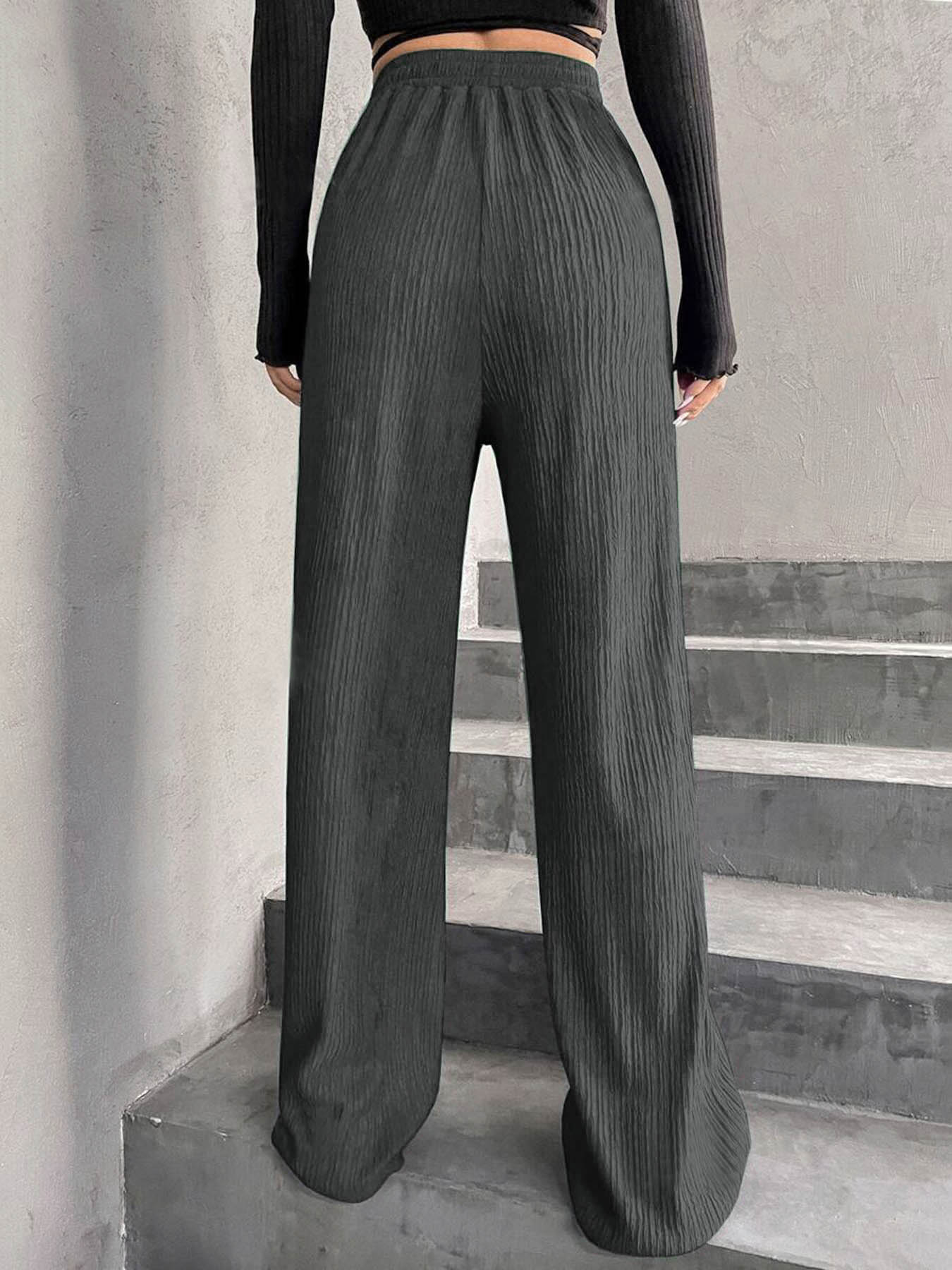 Women's Textured Tie Front Elastic Waist Straight Leg Pants, Casual Comfy Trousers for Daily Wear, Ladies Bottoms for All Seasons