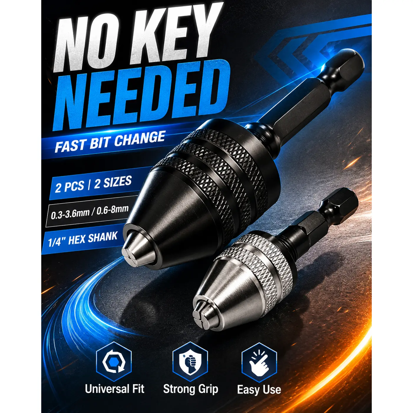 2PCS Keyless Drill Chuck Adapter Set – Instant Bit Change, 1/4" Hex Quick Release, 0.3–8mm Universal Fit for Drill, Impact Driver & Grinder