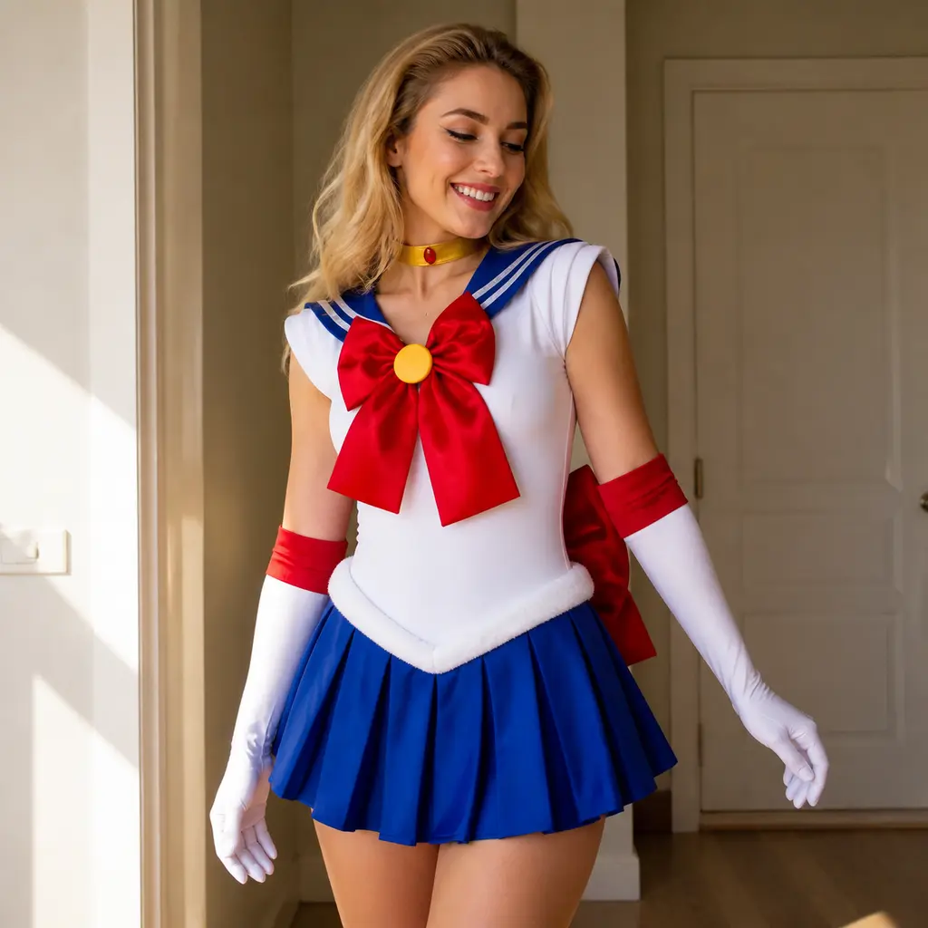 Women’s Anime Sailor Style Cosplay Costume Set with Blue Pleated Skirt, Red Bow, Gloves and Neck Accessories