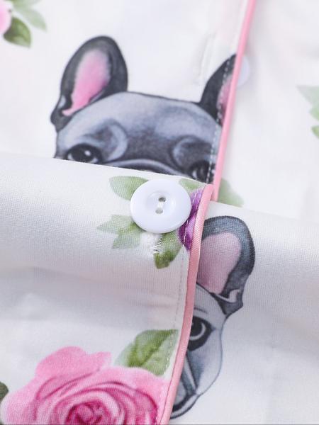 Women's  Dog and Floral  Print Shirt & Elastic Waist Shorts Pyjama Two-piece Set, Casual Comfy Short Sleeve  Top & Shorts Pj Set, Ladies Loungewear Sleepwear for All Seasons